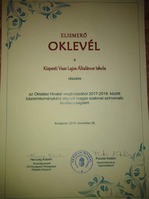 Bázisintézmény oklevél 2