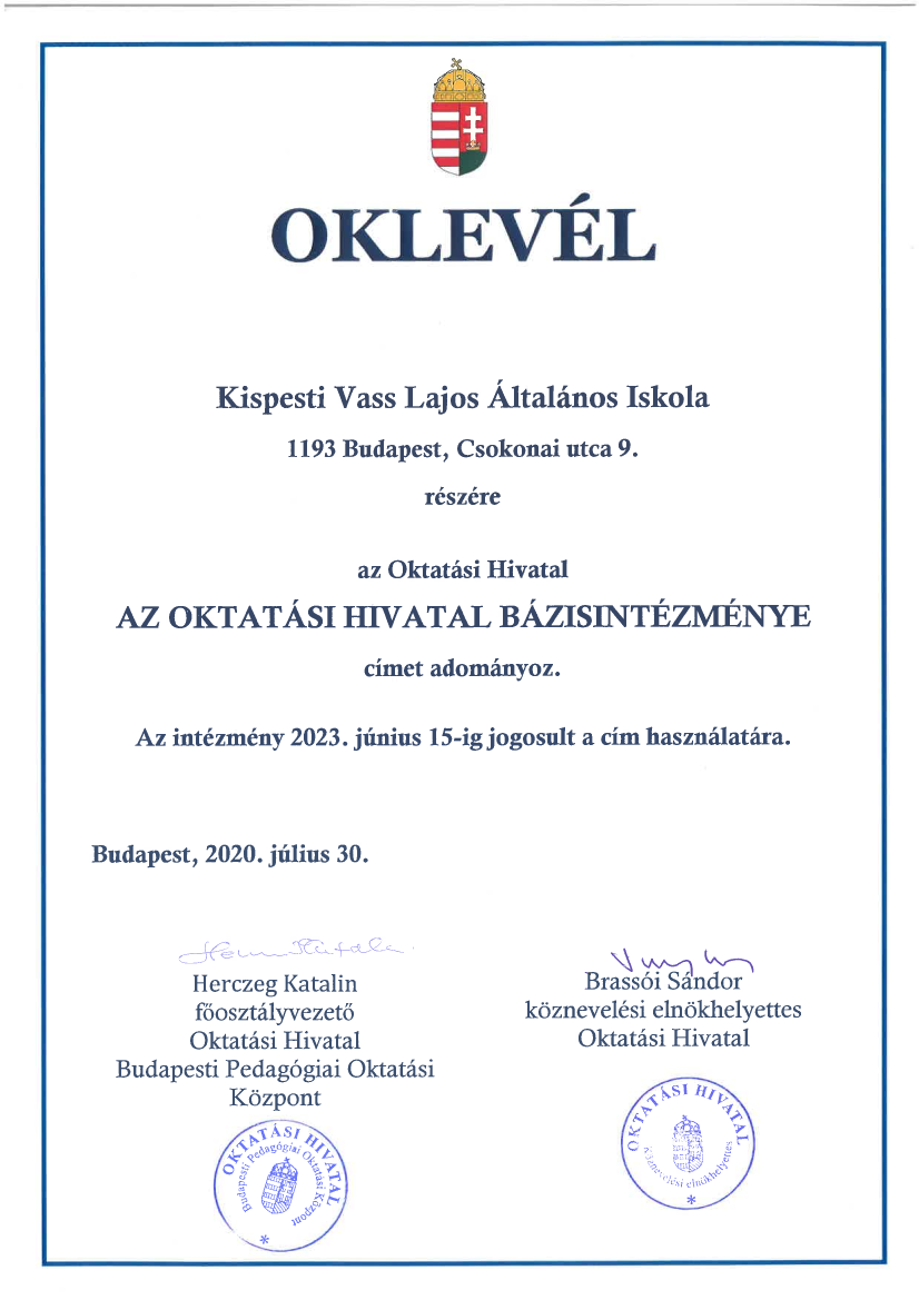 Bázisintézmény oklevél